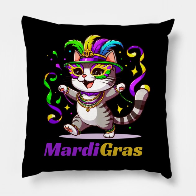 Mardi Gras Cat Kitten Funny Kitty Lover Pillow by Figurely creative