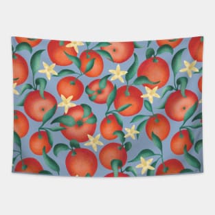 Oranges with leaves and flowers  - blue background Tapestry