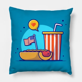 Tasty Hotdog with USA Independence Day Flag, Soda and Speech Bubble Cartoon Vector Icon Illustration Pillow