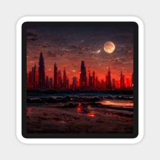 red sanded beach with a skyline that has a futuristic city Magnet