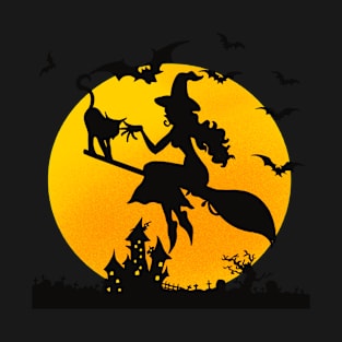 Halloween Witch with Black Cat and Bats in A Haunted House T-Shirt