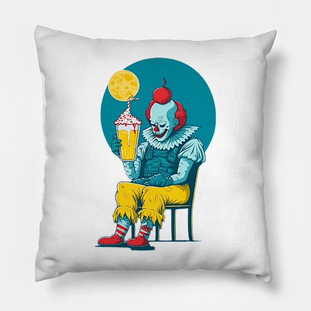 Twisted Refreshment: Evil Clown Unwinds Pillow by zoocostudio