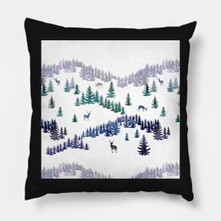 Winter snow  mountains landscape with spruce trees and deers silhouettes Pillow