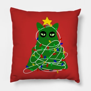 Black cat disguse as Christmas tree with lights and decor Pillow