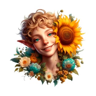 smiling elf with showy flowering sunflower T-Shirt