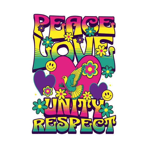 PEACE LOVE UNITY RESPECT - 60's steez (yellow/pink) by DISCOTHREADZ 