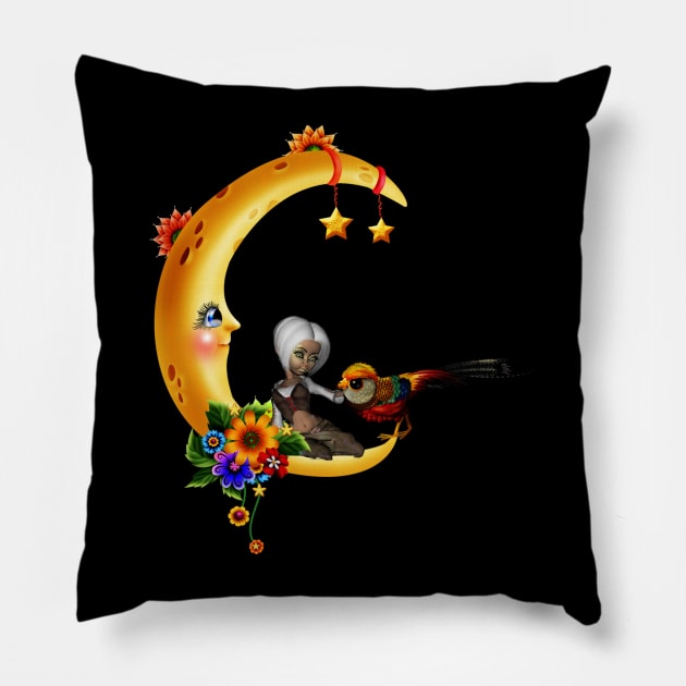 Little girl with fantasy bird on the moon Pillow by Nicky2342
