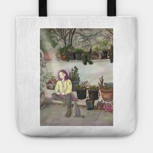 Cute charater sitting in garden art Tote
