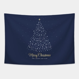 Merry Christmas and a Happy New Year. Minimalistic Christmas tree illustration. High quality Christmas blue white and gold starry illustration in minimalist style. Tapestry