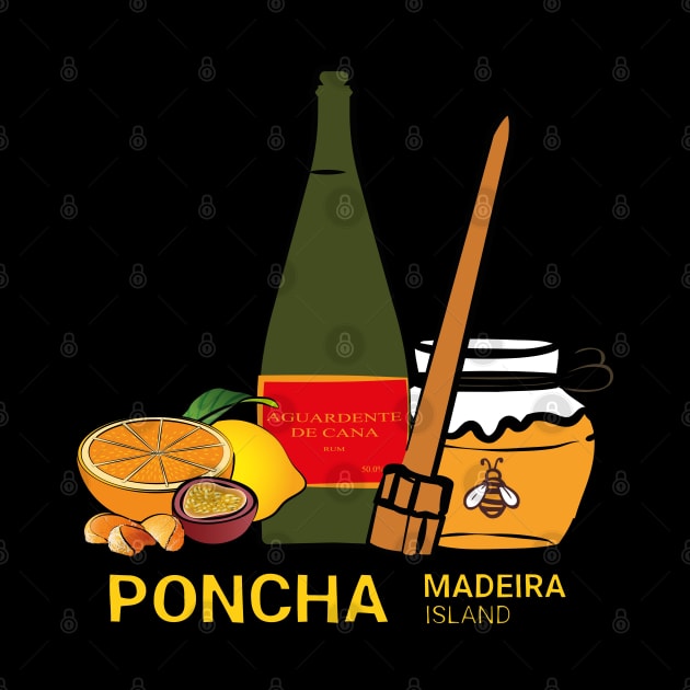 Madeira Island Poncha with fruits, aguardente de cana/rum, honey and traditional stirring stick in colour by Donaby