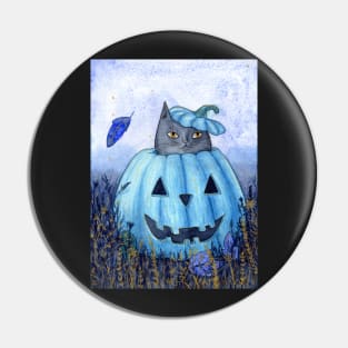 Blue Jack-o-lantern Cat Pin