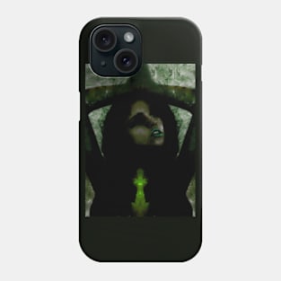 Portrait, digital collage, special processing. Beautiful but dark, like witch, woman. Tale. Green. Phone Case