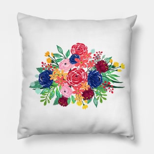 Navy Blue and Red watercolor boho chic Flowers hand paint Pillow