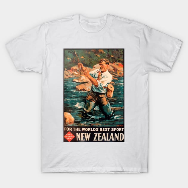 Fly Fishing in New Zealand - Vintage Travel Poster Design - Fly Casting - T- Shirt