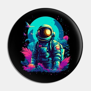 Vibrant Retro Spaceman Art Generated Planet Flora Design Pin