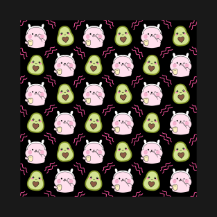 Cute sweet adorable little Kawaii pink baby bunnies with a yellow tea cup cartoon, yummy happy funny green avocados black fruity summer pattern design. T-Shirt