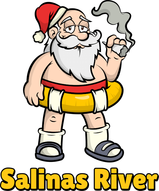 Salinas River Funny Lazy and Naked Santa Clause Smoking a Joint with a Swim Tube Around Him, Funny Christmas Gift Kids T-Shirt by AbsurdStore