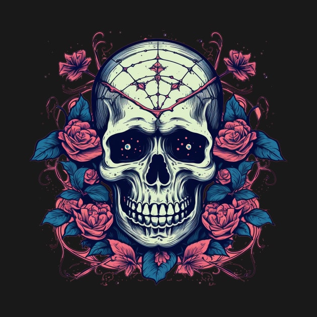 Dark Skull With Spider Webs and Flowers by TOKEBI