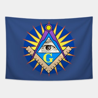 Sq. & Compasses w/All-seeing Eye, G & star On Blue disc Tapestry