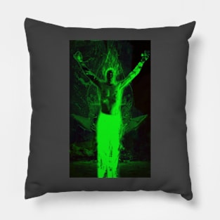 Portrait, digital collage and special processing. Shirtless man, stands. All chakras opened. Mystic. Green. Pillow