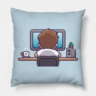 Cute Man Working On Computer With Coffee Cartoon Pillow