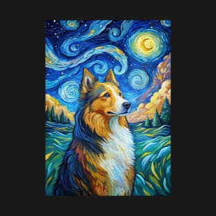 Adorable Shetland Sheepdog Dog Breed Painting in a Van Gogh Starry Night Art Style T-Shirt