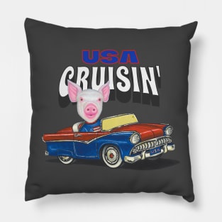 Adorable and cute Pig driving a funny and vintage car through the USA Pillow