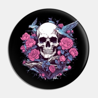 Skull with Birds and Floral Roses Pin