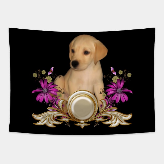 Cute little puppy with flowers Tapestry by Nicky2342