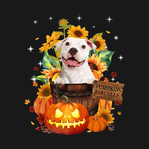 White Pitbull Halloween Pumpkin Fall Bucket by Marcelo Nimtz