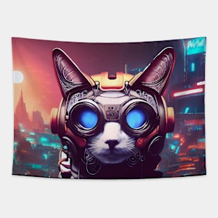 Cool Japanese Techno Cat In Japan Neon City Tapestry