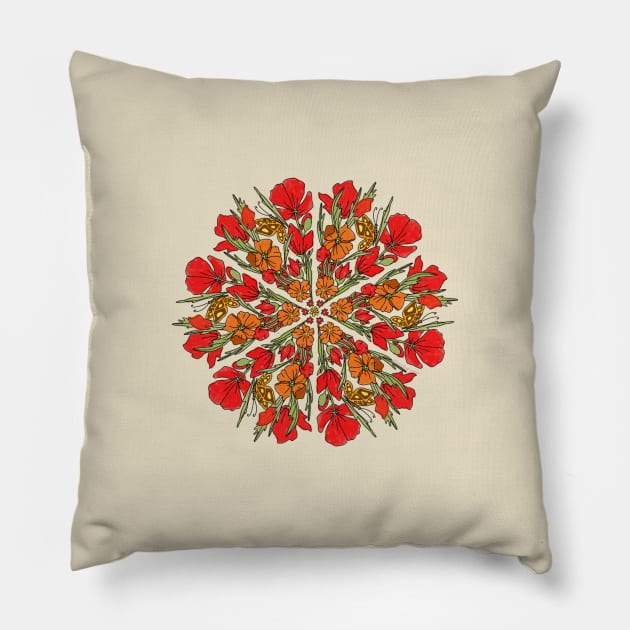 Red Poppy Mandala Pillow by cheriedirksen