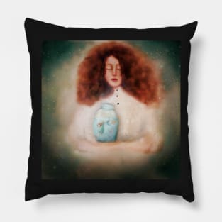 Mermaid Rescue Young Girl Victorian Blouse Stars in her Hair Rescues Mermaid in Mason jar with Gold Fish against a twilight sky Pillow