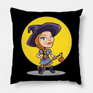 Young Witch with Brooomstick on Stage Light Pillow