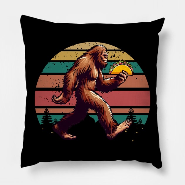 Bigfoot Carrying Taco Funny Cinco de Mayo Sasquatch Pillow by aesthetice1