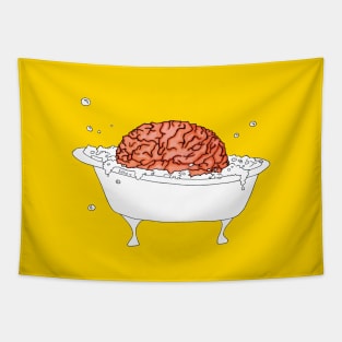 Brain in a tub taking a bubble bath · cartoon style, yellow background Tapestry