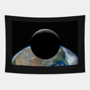 Crescent Moon in front of Planet Earth against dark starry sky Tapestry