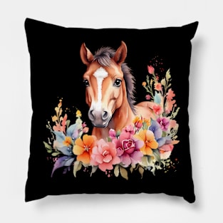 A horse decorated with beautiful watercolor flowers Pillow