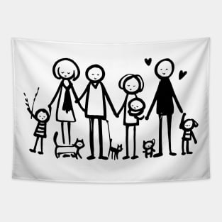 Stick figure family in black ink Tapestry