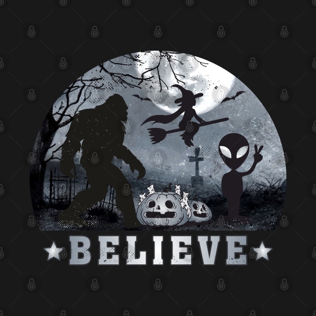 Believe Bigfoot, Aliens Witches Funny Halloween by FloraLi