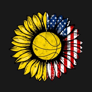 Sunflower American Flag Basketball Lover Gifts 4th Of July T-Shirt