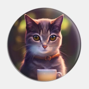 Tabby cat with a cup mug of morning coffee Pin