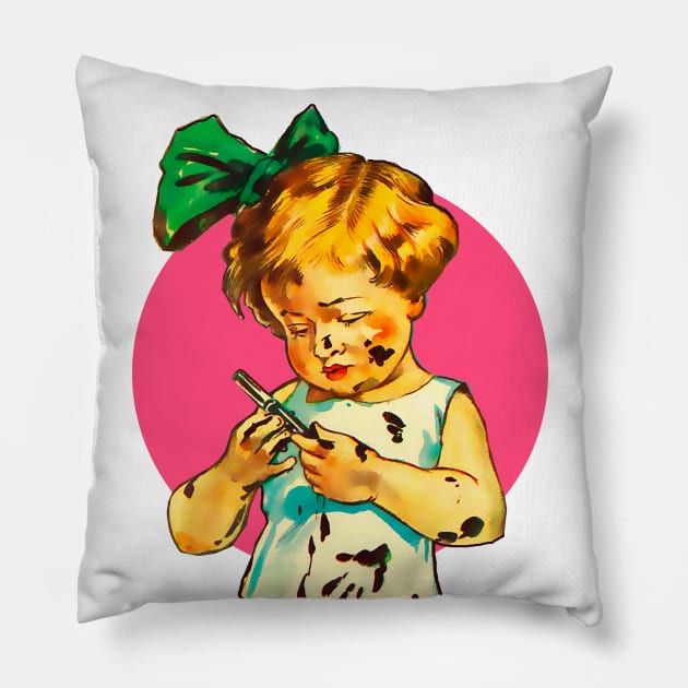 Girl soiled with paint. Colorful vintage drawing Pillow by Marccelus