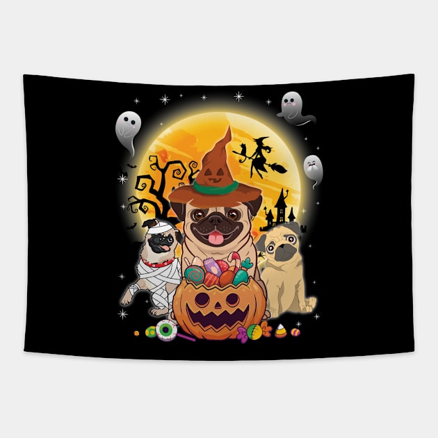 Pug Dog Mummy Witch Moon Ghosts Happy Halloween Thanksgiving Merry Christmas Day Tapestry by joandraelliot