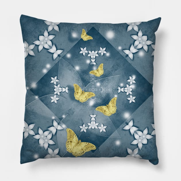 Gold butterflies and white flowers Pillow by hereswendy