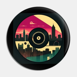 Vinyl Record Cityscape Retro Music Graphic Pin