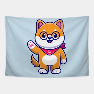 Cute Shiba Inu Dog Waving Hand Cartoon Tapestry