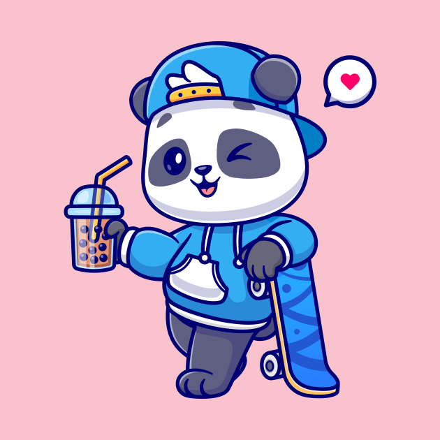 Cute Panda Drink Boba Milk Tea With Skateboard Cartoon by Catalyst Labs