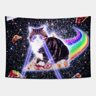 Laser Eyes Space Cat Riding Rainbow Pizza Tapestry