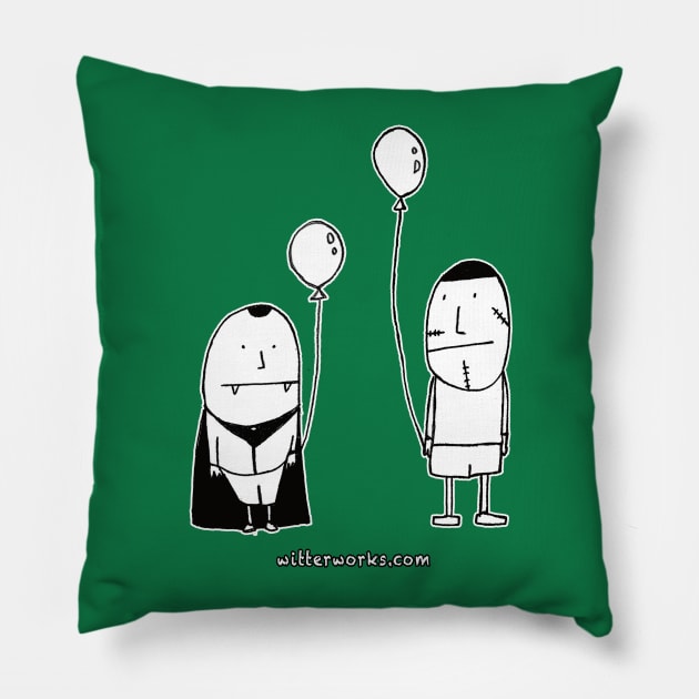 Funny Dracula & Frankenstein with Balloons Pillow by witterworks